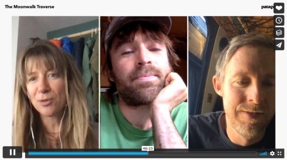 Tres leyendas de la escalada y embajadores de Patagonia en conversación: Kate Rutherford, Sean Villanueva O'Driscoll y Tommy Caldwell (de izquierda a derecha).