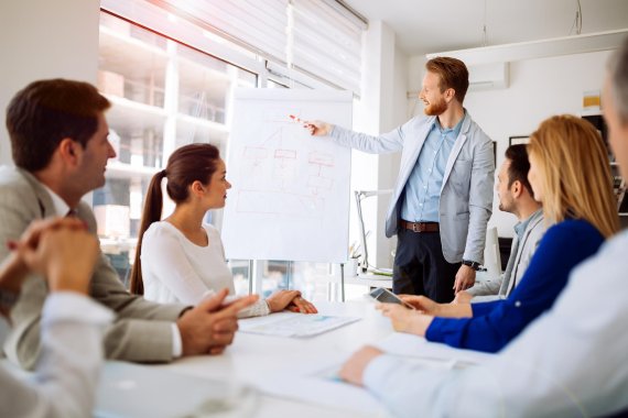 Sales employee presents something on a whiteboard